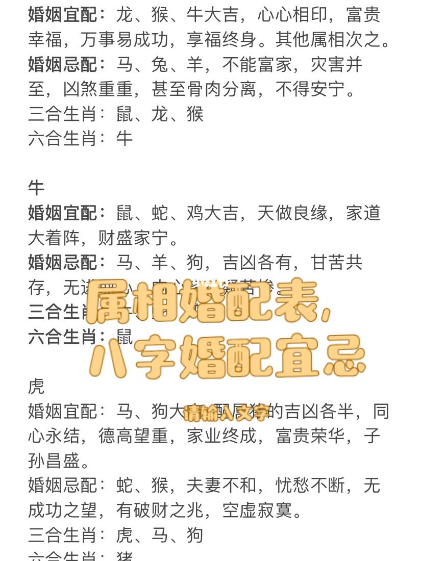 十二生肖配对宜忌口诀表 十二生肖配对宜忌口诀表图